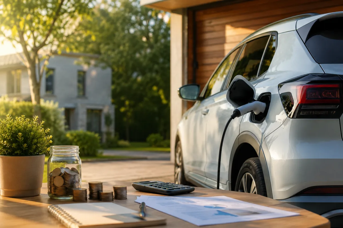 Rangée de voitures électriques en charge sur un parking public ensoleillé en France