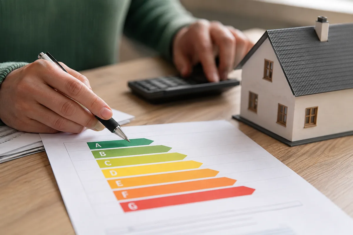 Audit énergétique et DPE : lequel choisir selon votre situation Gros plan sur une étiquette énergie collée sur un dossier de diagnostic immobilier