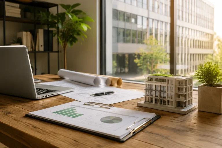 Vue aérienne d'un quartier de bureaux modernes entourés d'immeubles tertiaires aux façades vitrées