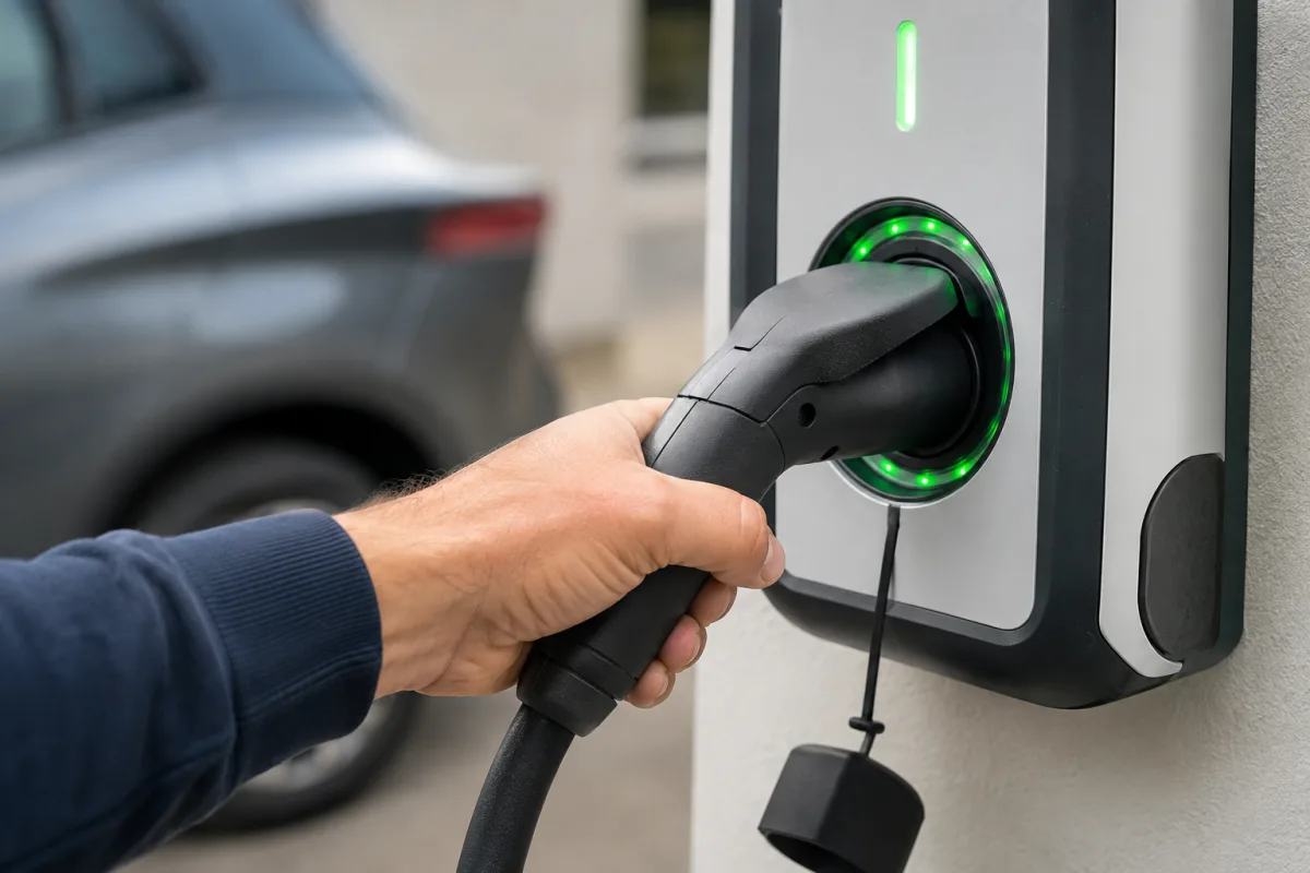 Gros plan sur le câble de charge branché dans le connecteur latéral du véhicule électrique