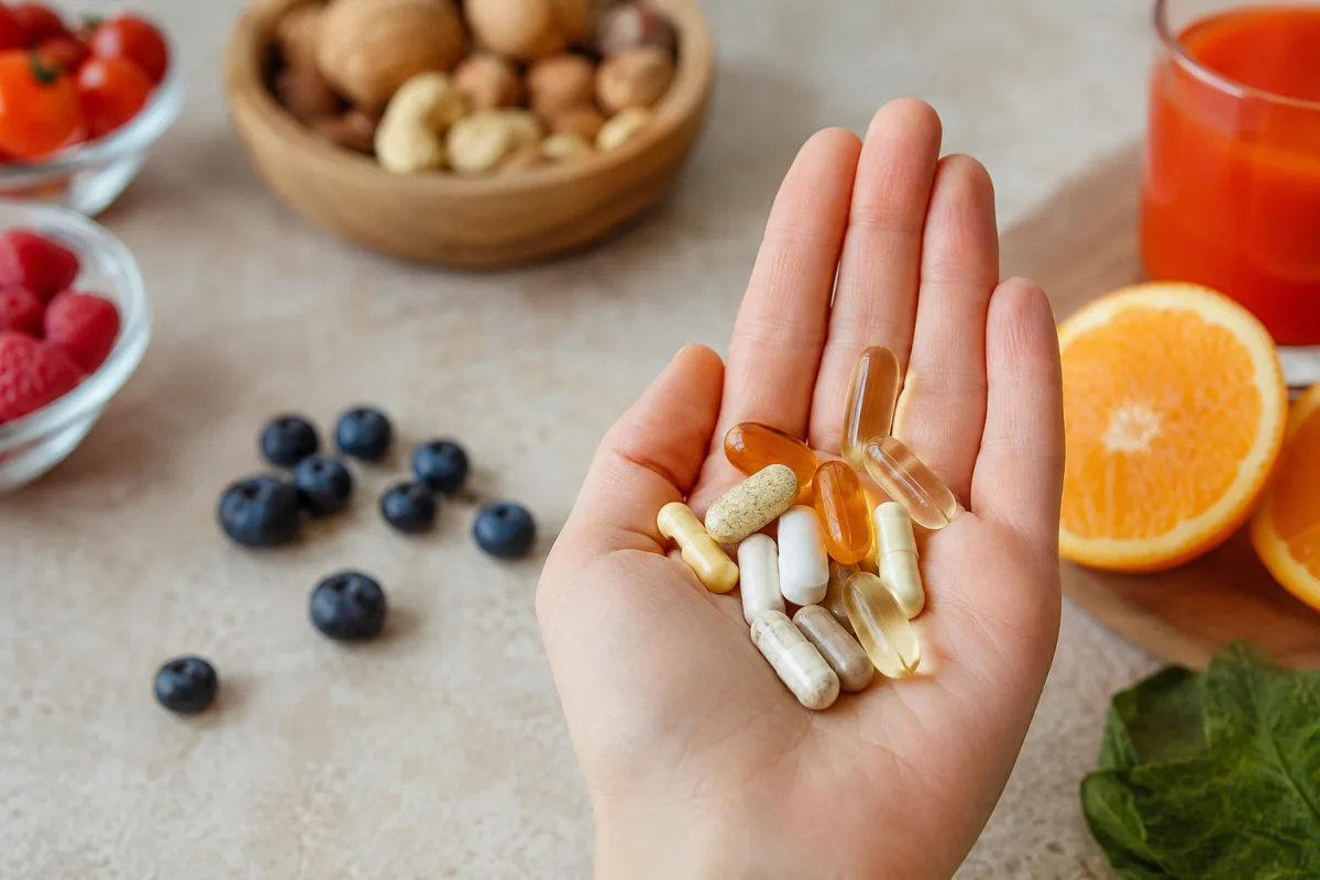 Gros plan sur deux gélules de compléments alimentaires posées dans la paume d'une main