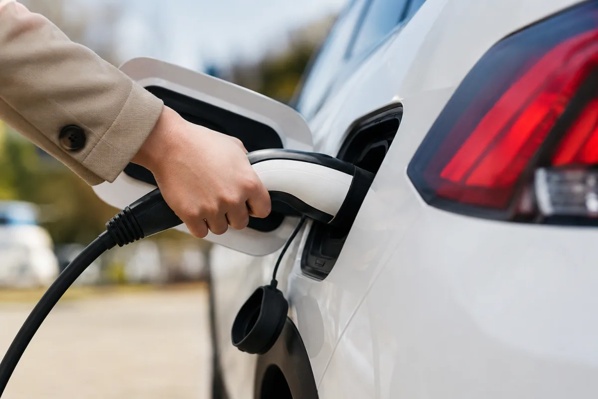 Main branchant un câble de recharge noir sur la prise latérale d'une voiture propre