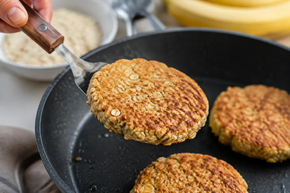 Gros plan sur la texture dorée d'une galette d'avoine cuisant doucement dans une poêle
