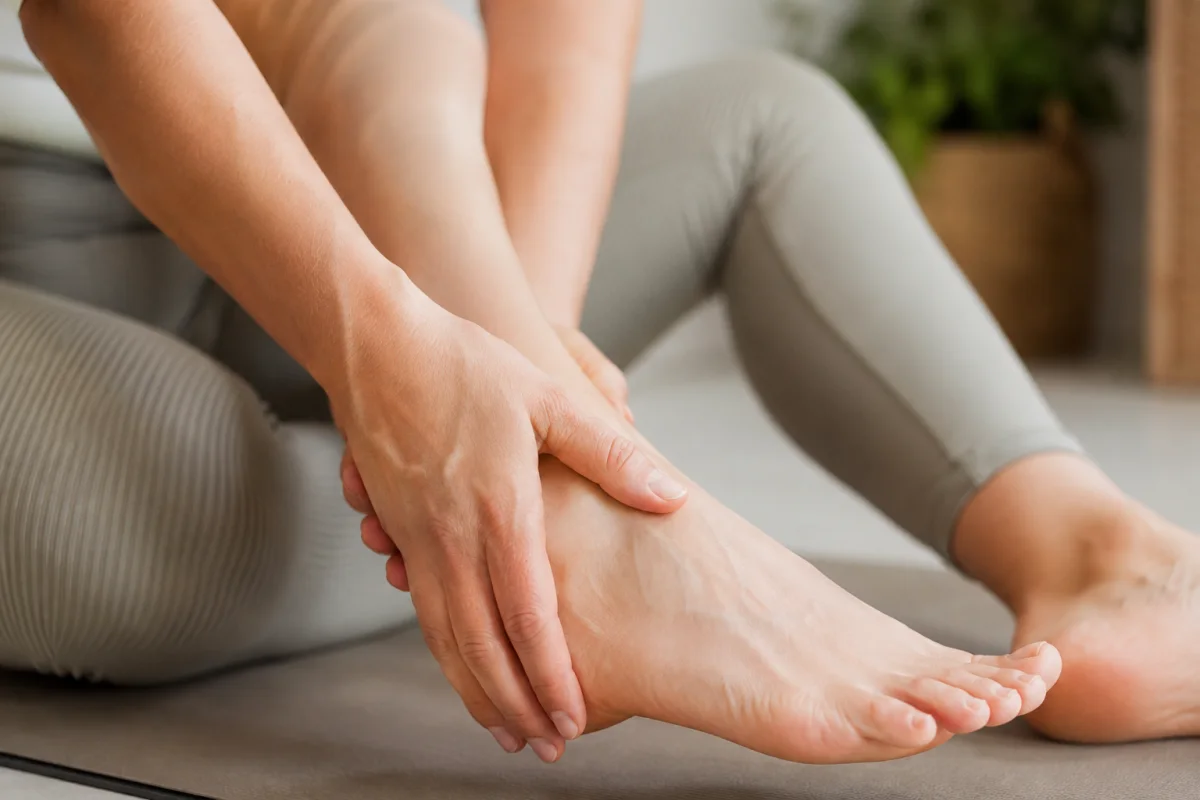 Main posée doucement sur le talon d'un pied nu pour réaliser un étirement progressif