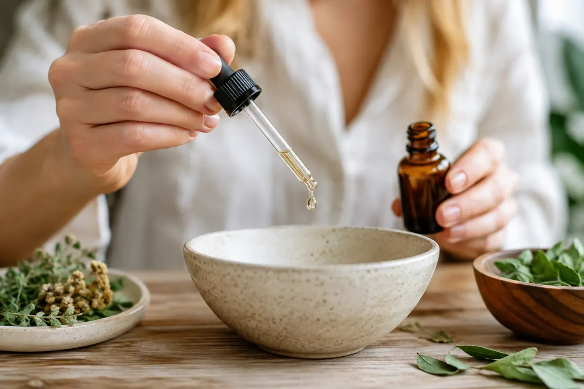 Gros plan sur une main préparant une infusion de plantes dans une tasse en céramique