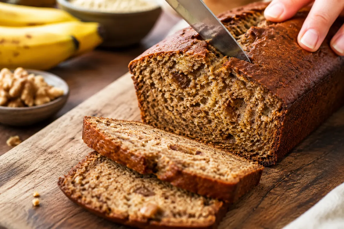 Gros plan sur une tranche de cake moelleux révélant des éclats de noisettes et bananes