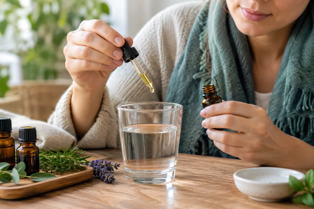 Une goutte d'huile essentielle s'écoulant lentement d'un compte-gouttes au-dessus d'une cuillère de miel
