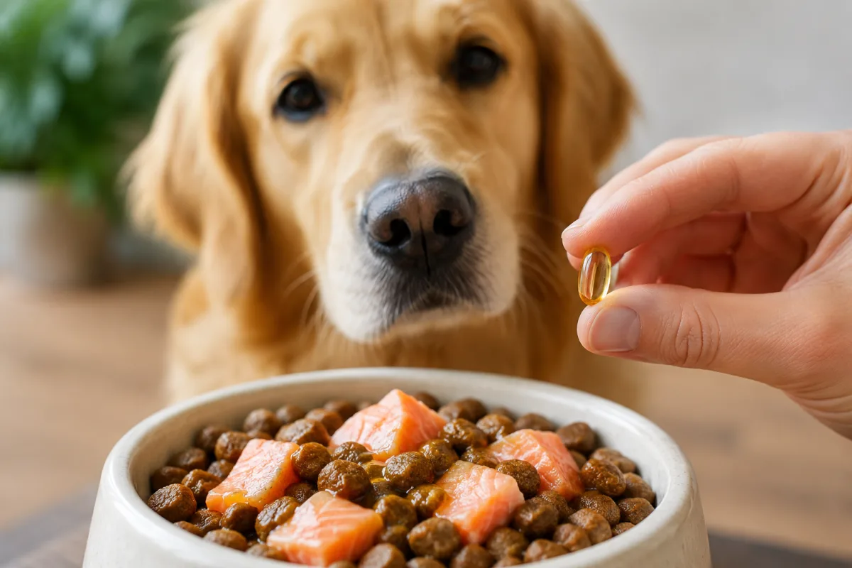 Une cuillère en bois contenant de l'huile de poisson dorée versée doucement sur de la nourriture caninement adaptées