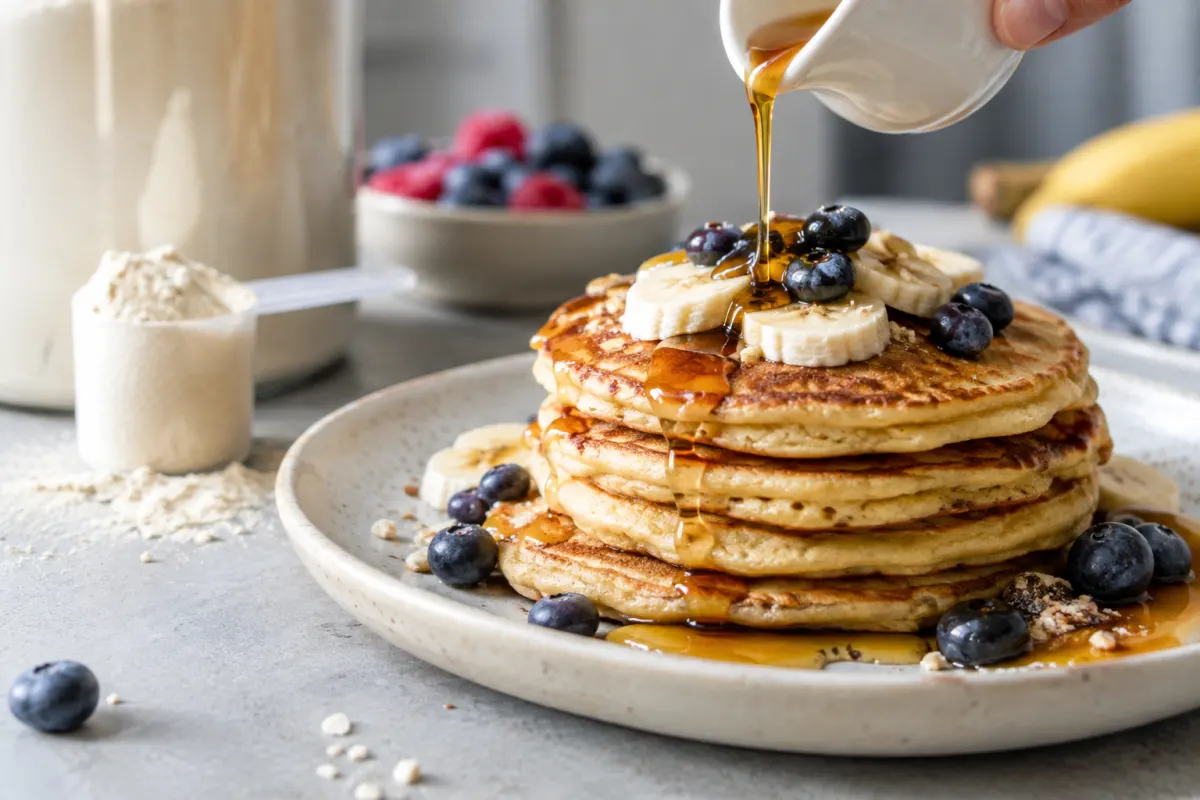 Gros plan sur la texture moelleuse d'un pancake à la whey doré découpé à la fourchette