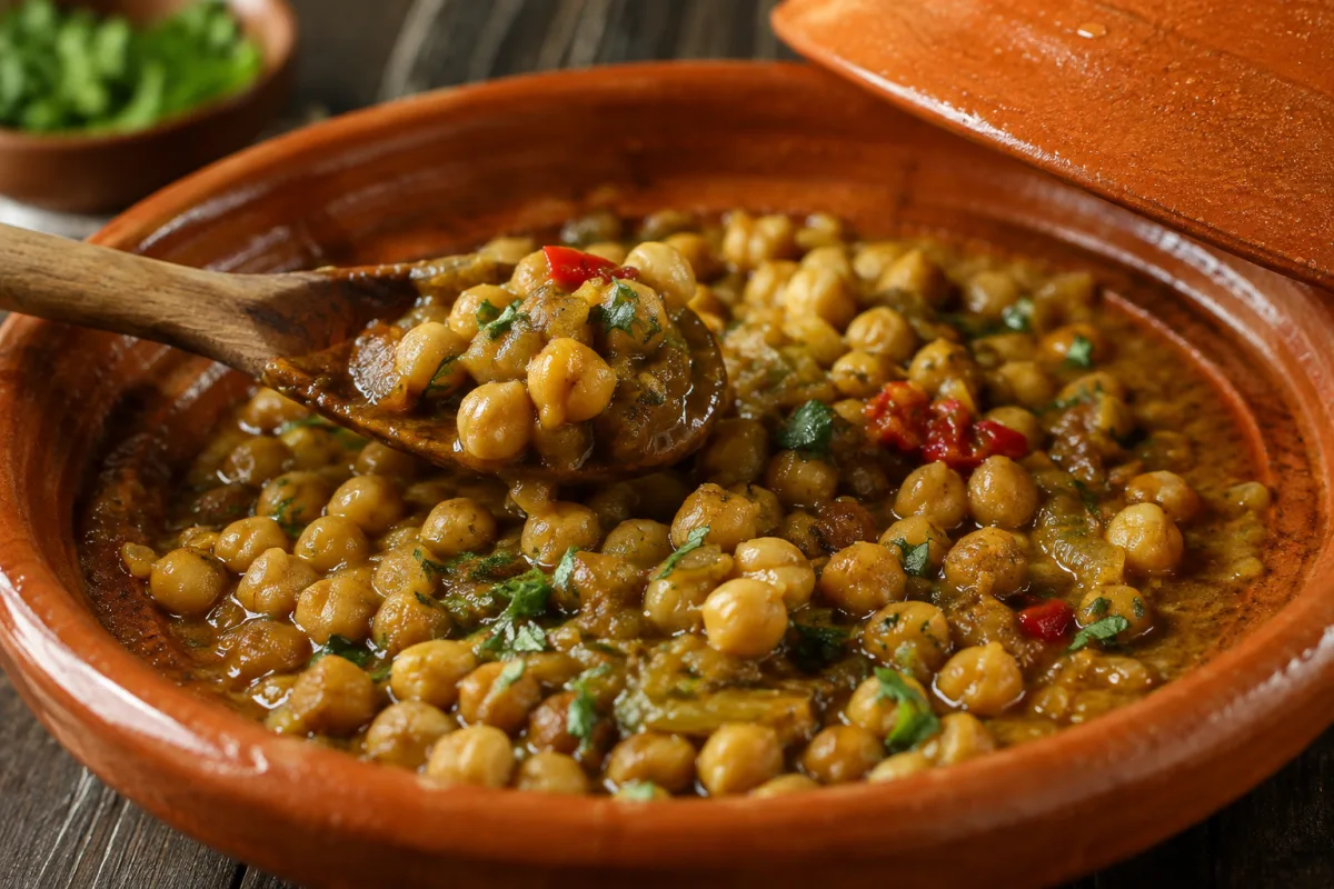 Gros plan sur des pois chiches mielleux mijotés aux cumin et coriandre fraîche