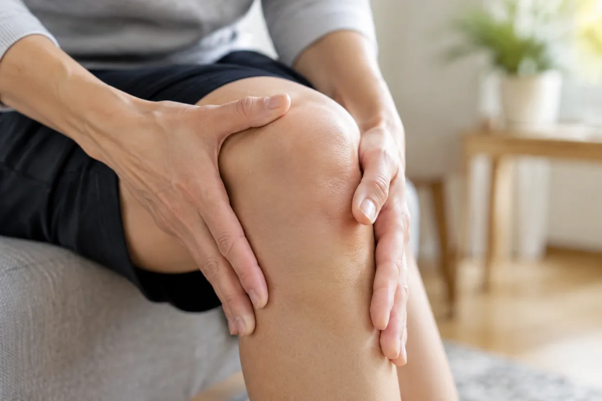 Gros plan sur les mains appliquant une compresse chaude sur le côté interne du genou
