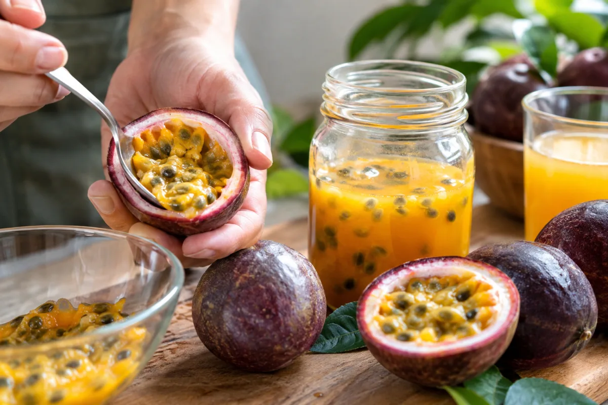 Gros plan sur la pulpe dorée d un fruit de la passion fraîchement coupé